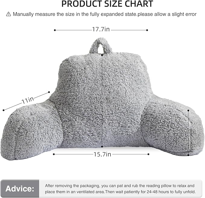 Aimuan Reading Pillow Bed Rest Wedge Large Adult Backrest Pillow with Arms Back Support for Sitting Up in Bed Cushion Incline Rest Sleeping Snoring Pillow,Sherpa Grey Large - LeafyLoom