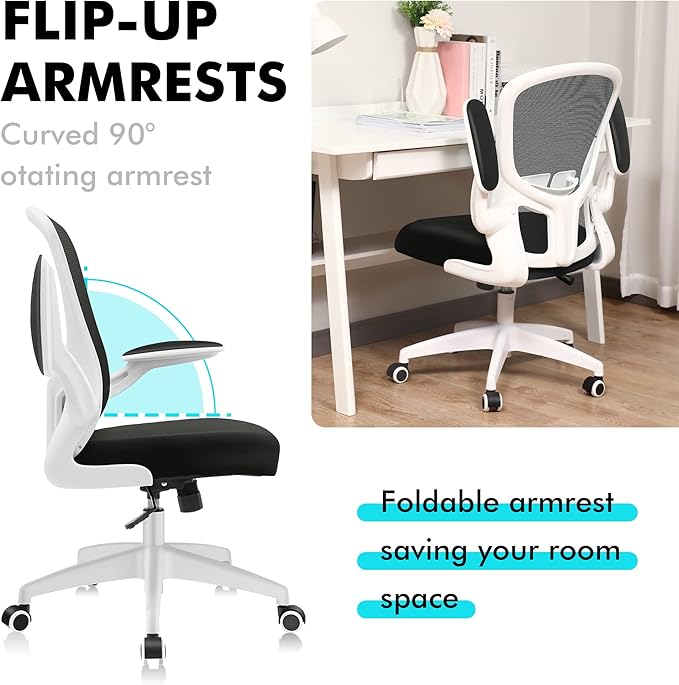 FelixKing Office Desk Chairs, Ergonomic PC Desk Chair with Wheels, Adjustable Lumbar Support and Height, Swivel Computer Chair with Flip-up Armrests, Ergo Mesh Backrest for Working (White) - LeafyLoom