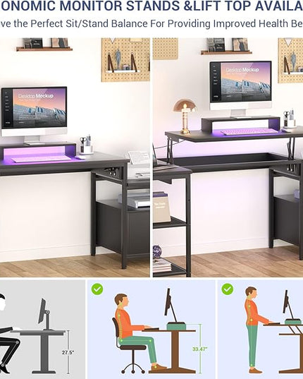 Aheaplus L Shaped Desk with Power Outlet, Standing Home Office Desk with Lift Top and File Drawer, 63'' Corner Computer Desk with Monitor Stand&Printer Shelves, Gaming Desk with Led Lights, Black - LeafyLoom