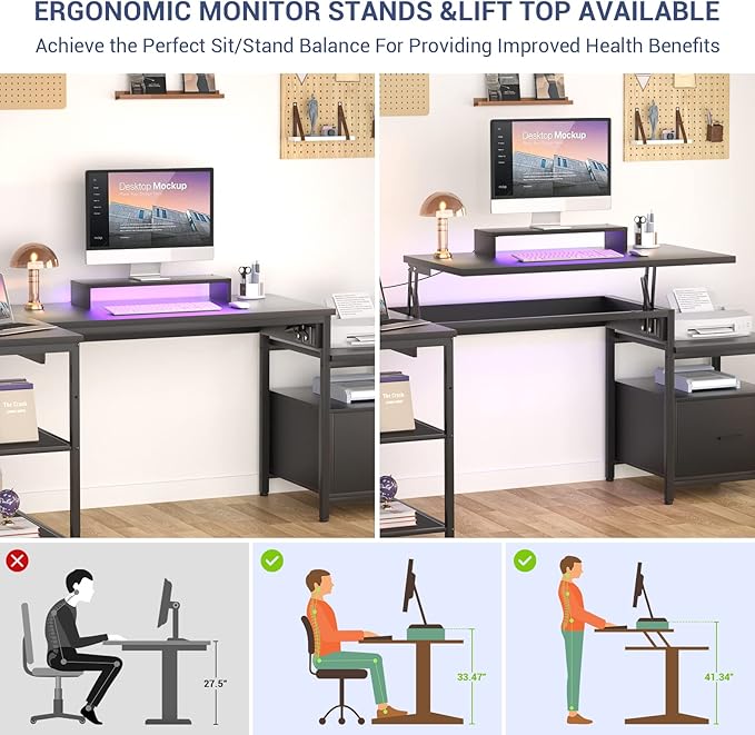 Aheaplus L Shaped Desk with Power Outlet, Standing Home Office Desk with Lift Top and File Drawer, 63'' Corner Computer Desk with Monitor Stand&Printer Shelves, Gaming Desk with Led Lights, Black - LeafyLoom