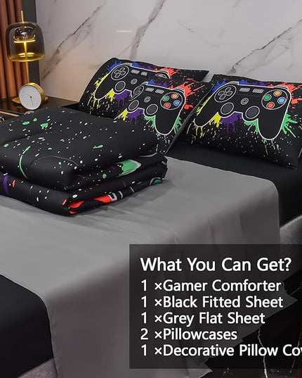 6Pcs Gamer Comforter Set with Sheets for Boys Girls Kids Teens, Colorful Graffiti Gaming Themed Bed in A Bag Full Size, Black 3D Video Game Controller Bedroom Decor Bedding Set - LeafyLoom