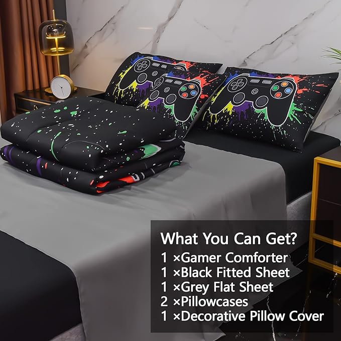 6Pcs Gamer Comforter Set with Sheets for Boys Girls Kids Teens, Colorful Graffiti Gaming Themed Bed in A Bag Full Size, Black 3D Video Game Controller Bedroom Decor Bedding Set - LeafyLoom