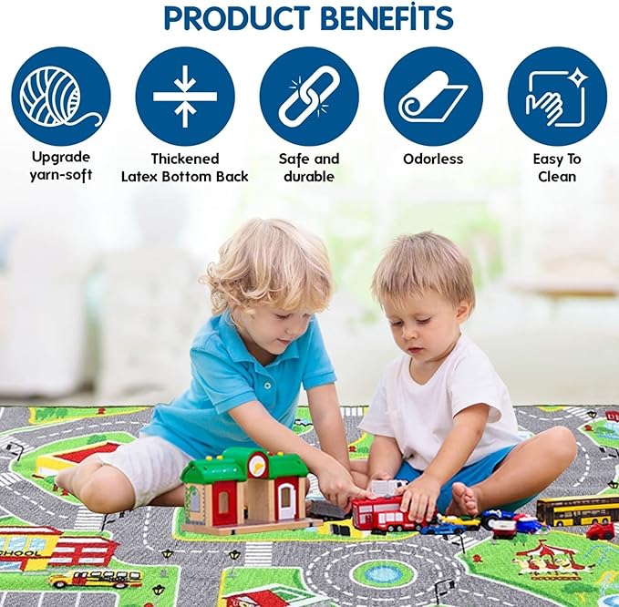 79"X40" Kids Rug Play mat for Toy Cars,Colorful and Fun Play Rugs with Roads for Bedroom and Kid Rooms, Car Rug to Have Hours of Fun on，Area Rug Mat with Non-Slip and No Chemical Smell Backing - LeafyLoom