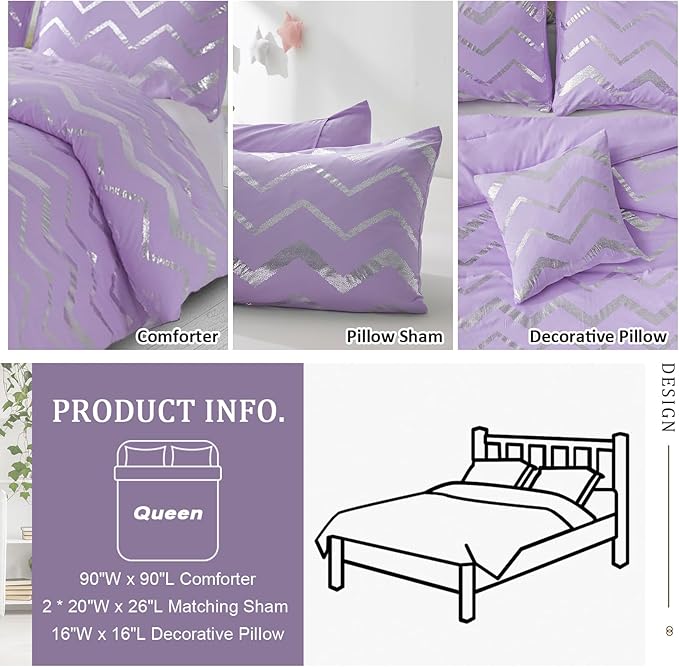 Purple/Silver Comforter Set Queen, Lavender Metallic Print Glitter Bedding Set Cute Shinny Lilac Bed Sets for Teen Girls Kids Women, 4 Piece (2 Pillowcases, 1 Decorative Pillow Sham) - LeafyLoom