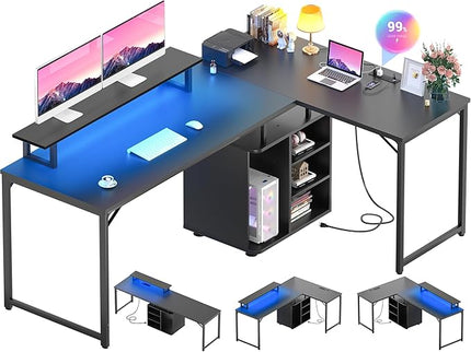 Cyclysio L Shaped Computer Desk, 58'' Reversible Gaming Desk with LED Strip & Adjustable Monitor Stand, Office Desk with Black Cabinet & Outlets, Corner Desk 2 Person Writing Study Table, Black - LeafyLoom