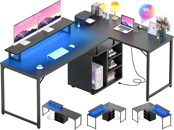 Cyclysio L Shaped Computer Desk, 58'' Reversible Gaming Desk with LED Strip & Adjustable Monitor Stand, Office Desk with Black Cabinet & Outlets, Corner Desk 2 Person Writing Study Table, Black - LeafyLoom