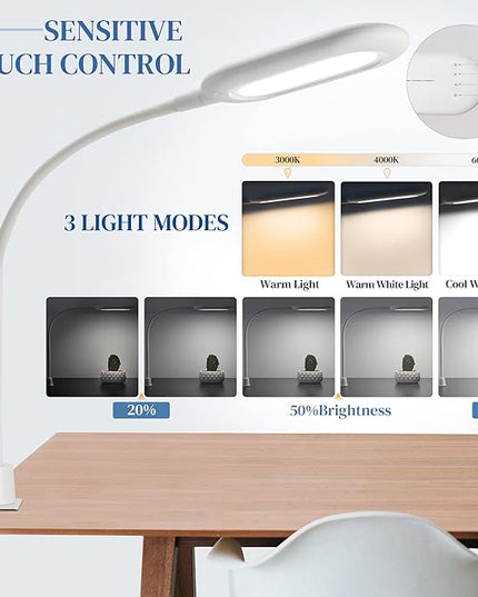 LED Desk Clamp Lamp, Eye Care Table Light Bright Enough for 700 Lumen, 10W Dimmable & 3 Color Modes, Flexible Gooseneck Touch Desk Lights for Home/Office/Reading/Work (White) - LeafyLoom