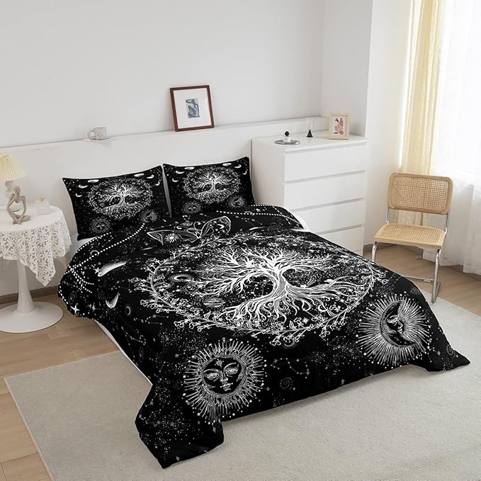 Feelyou Sun and Moon Comforter Bohemian Tree Butterfly Style Bedding Set Psychedelic Hippie Comforter Set for Boys Girls Children Teens Bedroom Decor Galaxy Astrology Duvet Set Full Size - LeafyLoom