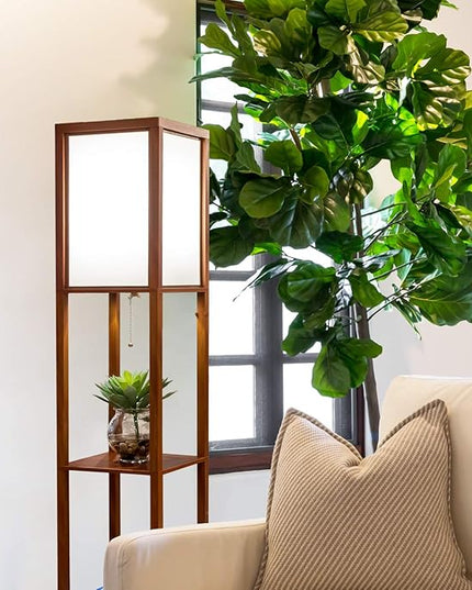 Brightech Maxwell - Modern Shelf Floor Lamp with Lamp Shade and LED Bulb - Corner Display Floor Lamps with Shelves for Living Room, Bedroom and Office - Walnut Brown - LeafyLoom