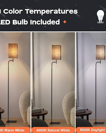 Modern Floor Lamp for Living Room, Black, 3 Color Temperatures, Linen Shade, Minimalist Design, Tall Lamp for Reading, Office, Bedroom - LeafyLoom