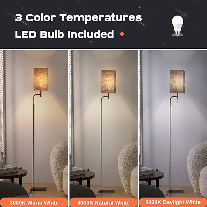 Modern Floor Lamp for Living Room, Black, 3 Color Temperatures, Linen Shade, Minimalist Design, Tall Lamp for Reading, Office, Bedroom - LeafyLoom