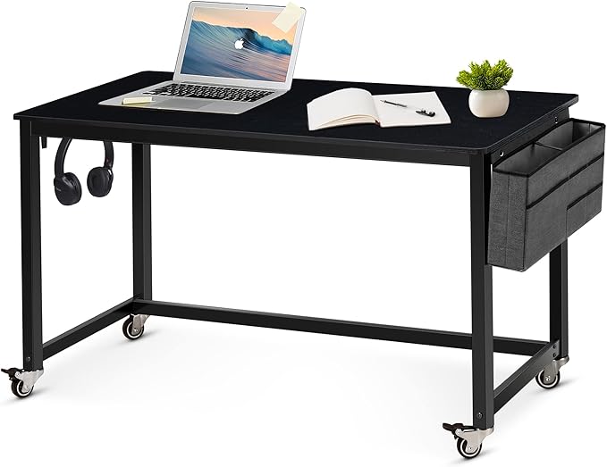 AHB 55" Rolling Computer Desk with 4 Smooth Wheels, Simple Style Mobile Writing Desk Home Office Study Table Movable Workstation with Metal Frame - LeafyLoom
