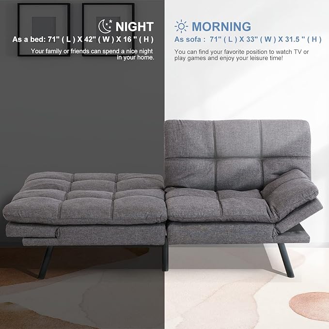 MUUEGM Futon Sofa Bed Couch Convertible Memory Foam Sleeper Love Seat,Modern Daybed for Living Room,Office,Small Space,Apartment,Adjustable Backrests Armrests,71" Sofabed, Pure Grey - LeafyLoom