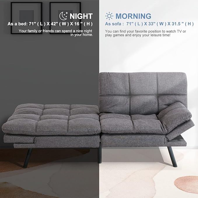 MUUEGM Futon Sofa Bed Memory Foam Futon Sofa Bed Convertible Sleeper Couch Bed,Modern Futon Couch Love Seat w/Adjustable Armrests,for Living Room Compact Spaces Offices Apartment,Studio,Grey - LeafyLoom