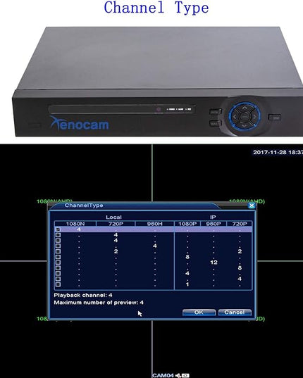4CH 1080N Hybrid 5-in-1 AHD DVR (1080P NVR+1080N AHD+960H Analog+TVI+CVI) Standalone DVR CCTV Surveillance Security System Video Recorder Motion Detection， Hard Drive not Included XENOCAM