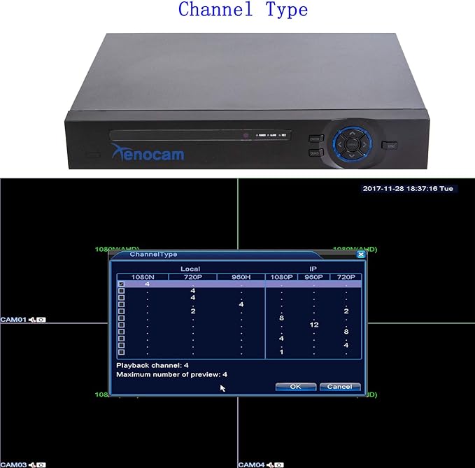 4CH 1080N Hybrid 5-in-1 AHD DVR (1080P NVR+1080N AHD+960H Analog+TVI+CVI) Standalone DVR CCTV Surveillance Security System Video Recorder Motion Detection， Hard Drive not Included XENOCAM