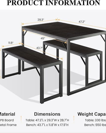 SHA CERLIN 3-Piece Dining Table Set with 2 Benches, Rustic Kitchen Table Set for 4-6, Space-Saving Dinette, Sturdy Structure, Easy Assemble, Black/Grey - LeafyLoom
