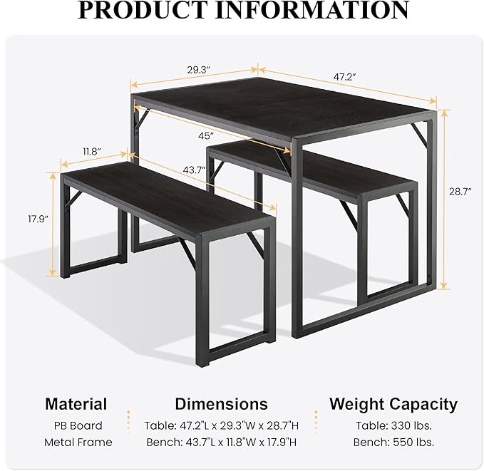 SHA CERLIN 3-Piece Dining Table Set with 2 Benches, Rustic Kitchen Table Set for 4-6, Space-Saving Dinette, Sturdy Structure, Easy Assemble, Black/Grey - LeafyLoom