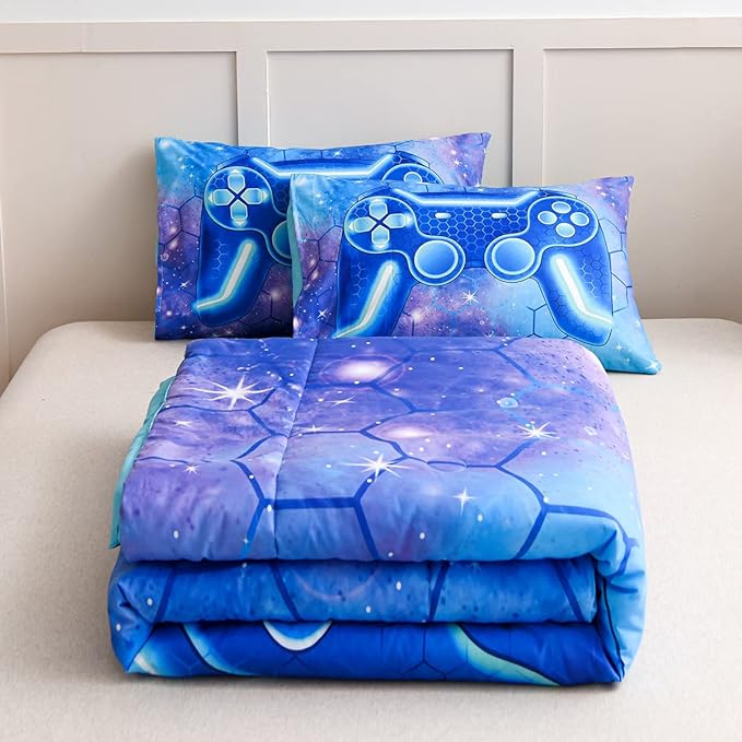NTBED Game Console Comforter Set for Boys Girls Kids 3D Gaming Geometric Lightweight Microfiber Bedding Sets (Blue Purple, Queen) - LeafyLoom