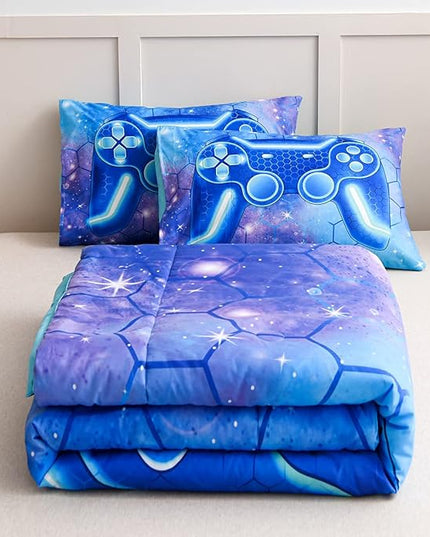 NTBED Game Console Comforter Set for Boys Girls Kids 3D Gaming Geometric Lightweight Microfiber Bedding Sets (Blue Purple, Twin) - LeafyLoom