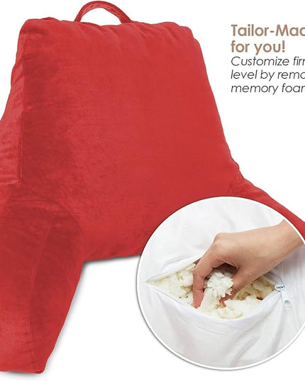 Clara Clark Reading Pillow, Standard Back Pillow for Sitting Up in Bed, Memory Foam Back Support Pillow, Reading Pillows for Sitting in Bed, Red Sit Up Pillow for Bed Chair Arm Pillow with Pockets - LeafyLoom