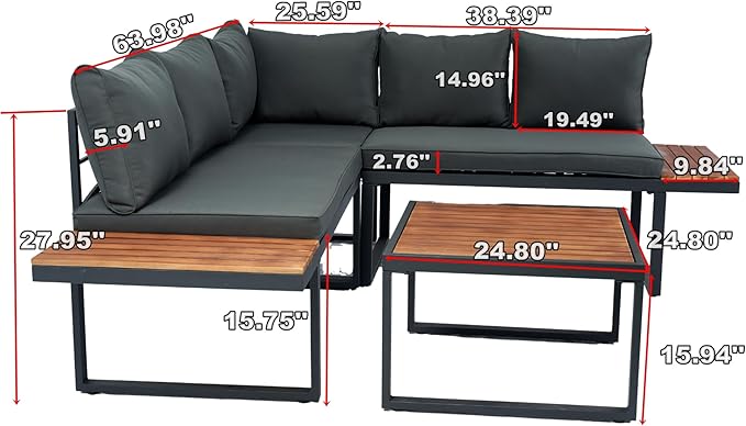 4 Piece Outdoor Patio Furniture Wicker L-Shaped Sectional Sofa Set with Built-in Side Table&Wood TeaTable, 5-Seater Seating Group Couch, for Garden Backyard, Dark Grey Cushion - LeafyLoom