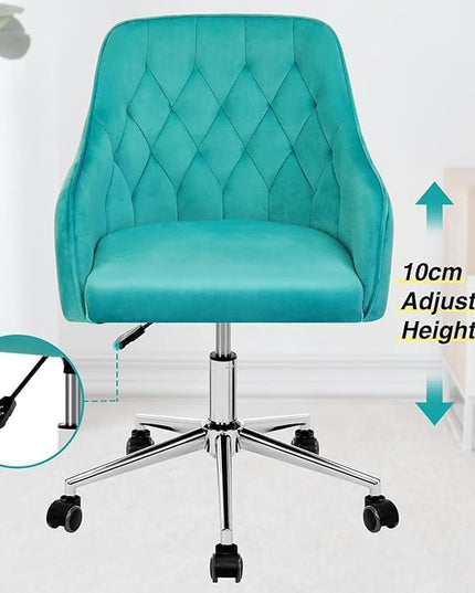 Velvet Desk Chair Vanity Chair for Makeup with Wheels and Back Home Office Chair Adjustable Rolling Swivel Chair for Bedroom Vanity Room Green - LeafyLoom