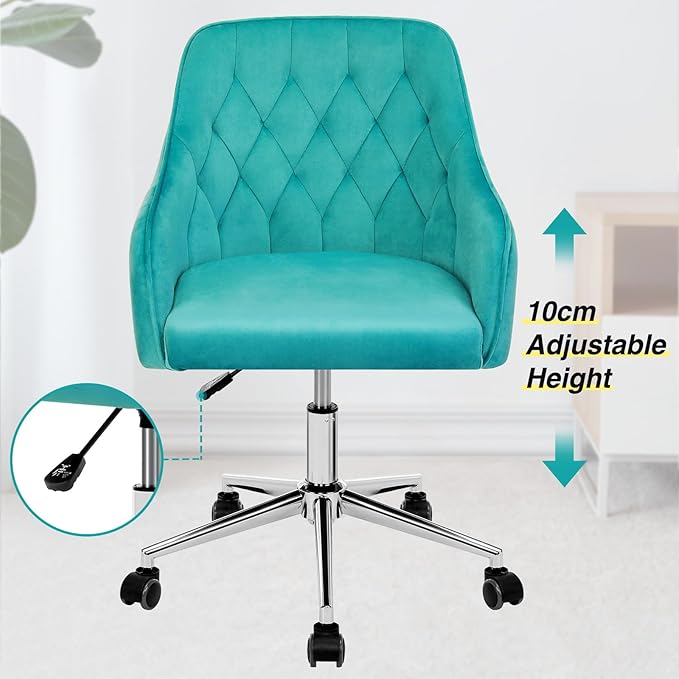 Velvet Desk Chair Vanity Chair for Makeup with Wheels and Back Home Office Chair Adjustable Rolling Swivel Chair for Bedroom Vanity Room Green - LeafyLoom