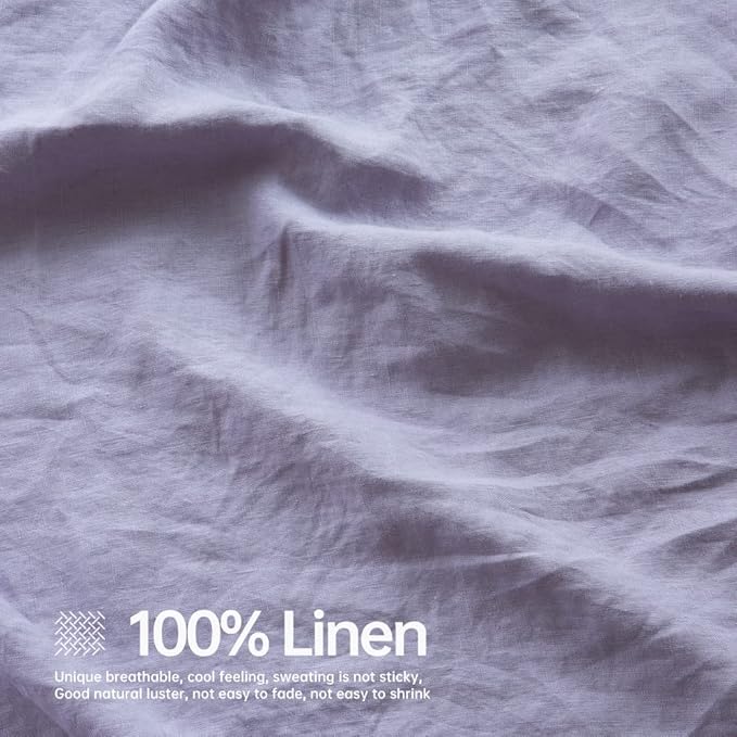 Simple&Opulence 100% Linen Sheet Set Solid Color-4 Pcs Washed French Linen Bed Sheets-Breathable Bedding Set-1 Flat Sheet,1 Fitted Sheet,2 Pillowcases (Queen,Lilac) - LeafyLoom