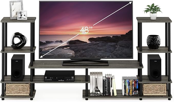 FURINNO Turn-N-Tube Grand Entertainment Center, French Oak Grey/Black - LeafyLoom