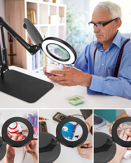 Magnifying Glass with Light, 3-in-1 Magnifying Desk Lamp 10X LED Magnifying Lamp with Heavy Base & Clamp, 5 Color Modes Stepless Dimmable, Magnifier Light for Soldering Craft Workbench - LeafyLoom