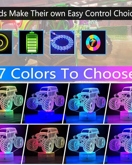 3D LED Lamp for Kids Room Night Lights for Kids Monster Trucks for Boys, with Smart Touch 7 Colors Changing Dimmable Monster Truck Light, for 1 2 3 4 5 6 7 8 Year Old Boy/Girl Birthday Xmas Gifts - LeafyLoom