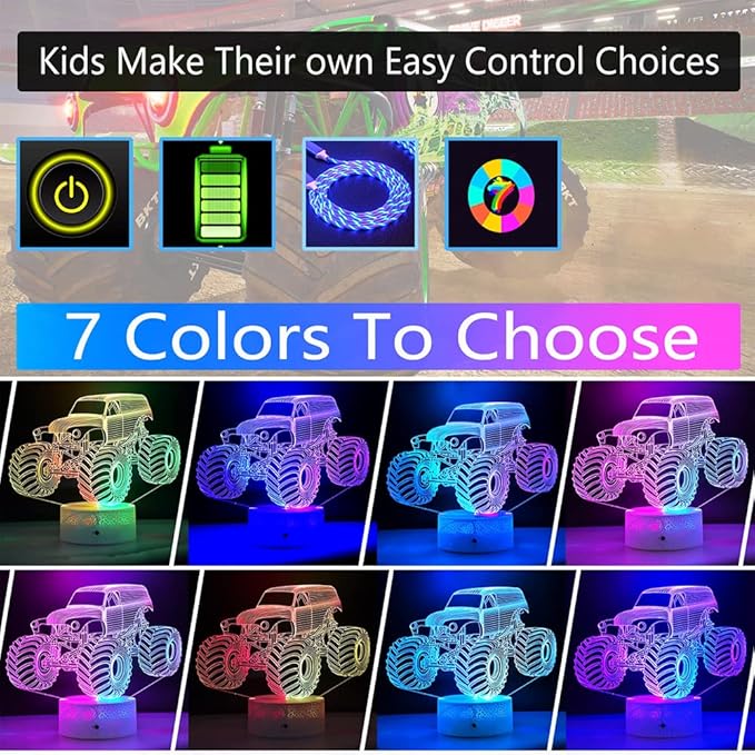 3D LED Lamp for Kids Room Night Lights for Kids Monster Trucks for Boys, with Smart Touch 7 Colors Changing Dimmable Monster Truck Light, for 1 2 3 4 5 6 7 8 Year Old Boy/Girl Birthday Xmas Gifts - LeafyLoom