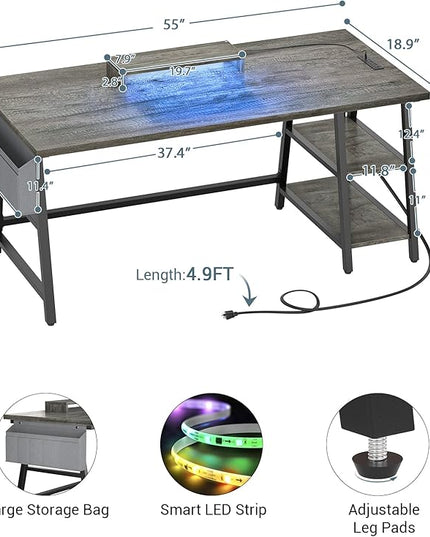 armocity Computer Desk with LED Lights, Reversible Desk with Power Outlet, 55'' Desk with Storage Shelves, Gaming Desk with Moveable Monitor Stand and Storage Bag for Home Office Workstation, Grey - LeafyLoom