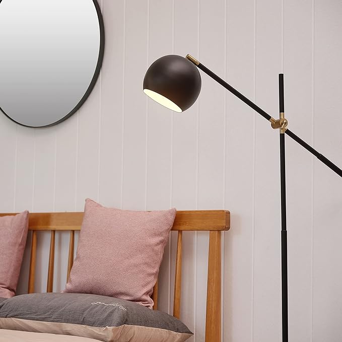 Globe Electric 65911 60" Floor Lamp, Matte Black, Brass Pivot, Matte Black Shade, in-Line On/Off Foot Switch - LeafyLoom