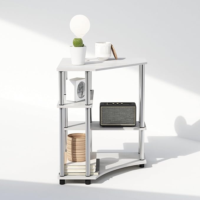 Furinno Turn-N-Tube Multipurpose Corner Shelf, Display Rack, Bookshelf, White Oak, Stainless Steel Tubes - LeafyLoom