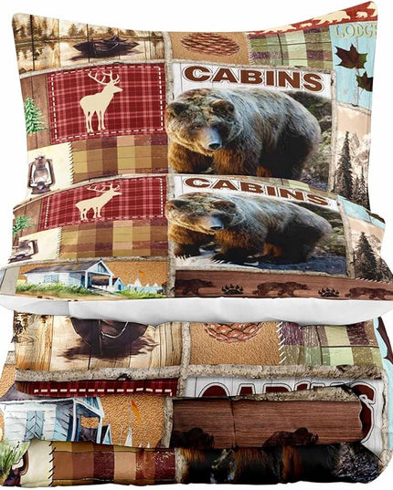 LUVIVIHOME 3PCS Rustic Cabin Comforter Set Queen Size, Bear Bedding Sets, Elk Deer Forest Woodland Animals Wildlife Hunting Country Farmhouse Red Buffalo Plaid Lodge Patchwork Quilt, 2 Pillow Shams - LeafyLoom