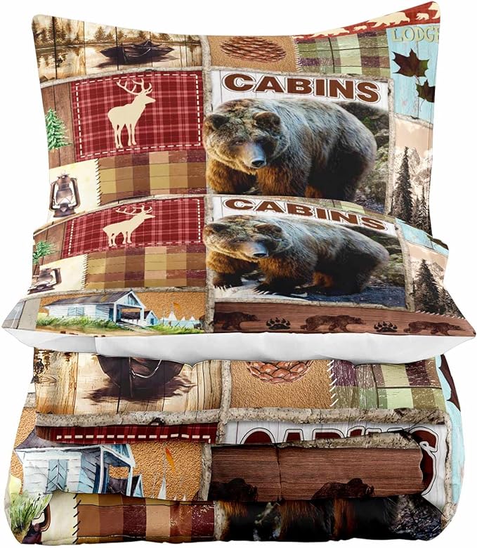 LUVIVIHOME 3PCS Rustic Cabin Comforter Set Queen Size, Bear Bedding Sets, Elk Deer Forest Woodland Animals Wildlife Hunting Country Farmhouse Red Buffalo Plaid Lodge Patchwork Quilt, 2 Pillow Shams - LeafyLoom
