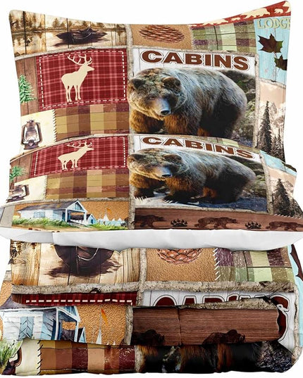 LUVIVIHOME 3PCS Rustic Lodge Comforter Set King Size, Bear Bedding Sets, Elk Deer Forest Woodland Animals Wildlife Hunting Country Farmhouse Red Buffalo Plaid Cabin Patchwork Quilt, 2 Pillow Shams - LeafyLoom