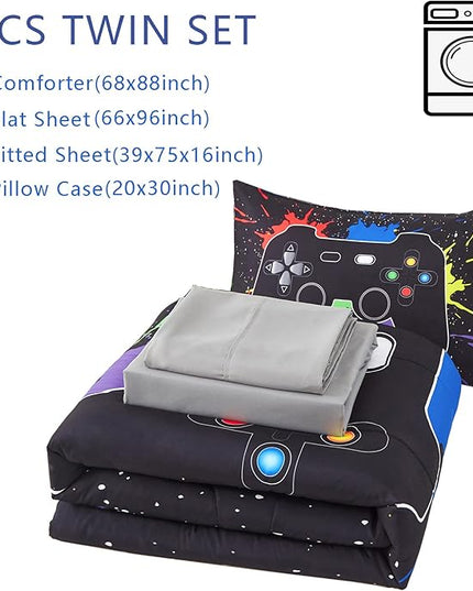 KAKKI 4 Piece Boys Twin Gamer Comforter Set with Sheets, 3D Colorful Video Game Controller Comforter for Kids Teen, All Season Soft Microfiber Gaming Bedding Set(Black,Twin) - LeafyLoom