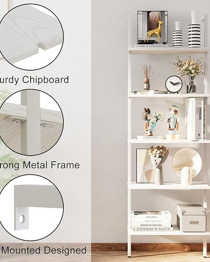 aboxoo Ladder Shelf White Wooden Bookshelf 5-Tier Wall-Mounted Open Wood Rack Industrial Modern Plant Flower Stand Utility Organizer Bookcase Metal Frame Furniture Office Kitchen Bedroom - LeafyLoom