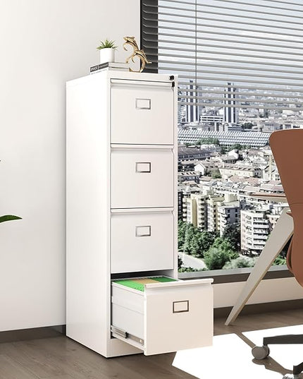 4 Drawer File Cabinet, Metal Vertical File Cabinets with Lock for Home Office, Heavy Duty Office Steel Filing Cabinet for Hanging Files for A4/ Legal/Letter,Assembly Required (White) - LeafyLoom