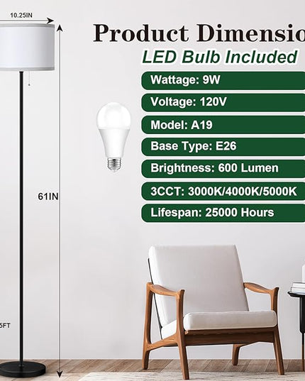 Floor Lamp for Living Room, 3 Color Temperature LED Floor Lamp, Modern Simple Standing Lamp for Bedroom, Pull Chain Tall Lamp with White Lampshade, Minimalist Pole Lamp Stand Up Lamp for Home Office - LeafyLoom