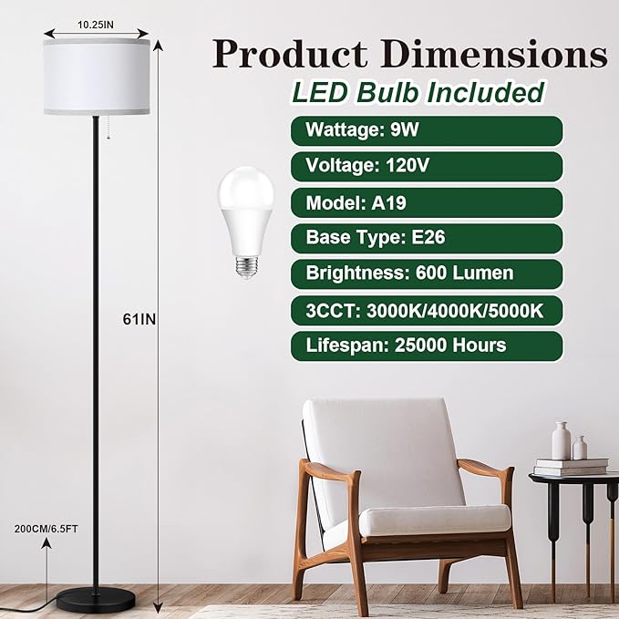 Floor Lamp for Living Room, 3 Color Temperature LED Floor Lamp, Modern Simple Standing Lamp for Bedroom, Pull Chain Tall Lamp with White Lampshade, Minimalist Pole Lamp Stand Up Lamp for Home Office - LeafyLoom