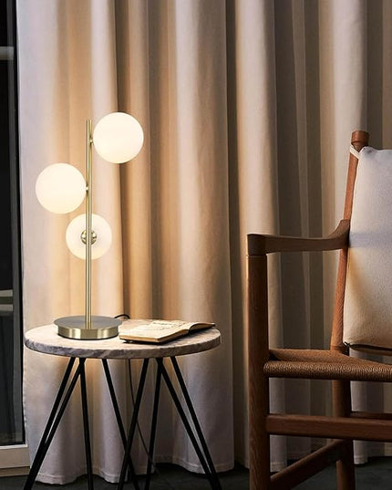 Modern Glass Globe Table Lamp 3 Lights Mid Century Small Gold Desk Lamp Contemporary Minimalist Brass Bedside Table Lamps with White Glass Shade Reading Lamp for Bedroom Office G9 MTL03-W - LeafyLoom