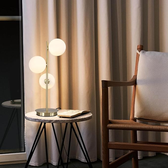 Modern Glass Globe Table Lamp 3 Lights Mid Century Small Gold Desk Lamp Contemporary Minimalist Brass Bedside Table Lamps with White Glass Shade Reading Lamp for Bedroom Office G9 MTL03-W - LeafyLoom