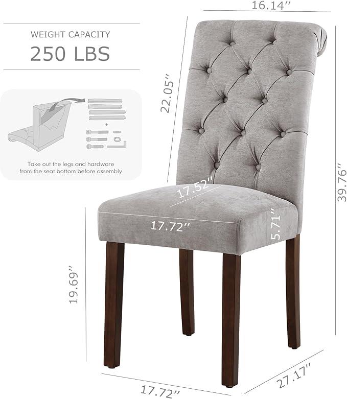 COLAMY Button Tufted Dining Chairs Set of 2, Parsons Upholstered Fabric Dining Room Chairs Kitchen Chairs with Wood Legs and Padded Seat, Light Grey - LeafyLoom