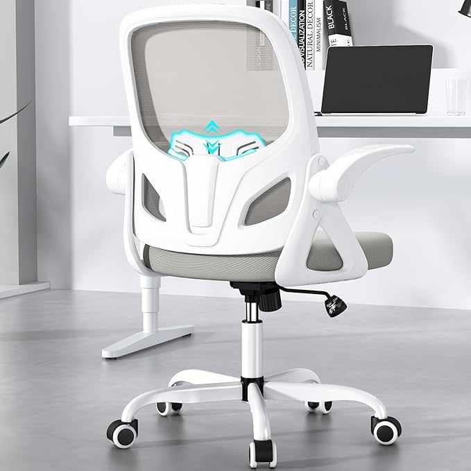 Office Desk Chair with Lumbar Support Ergonomic Mesh Office Chair with Wheels and Flip-up Armrests Adjustable Height Swivel Computer Chair for Home and Office (Grey) - LeafyLoom