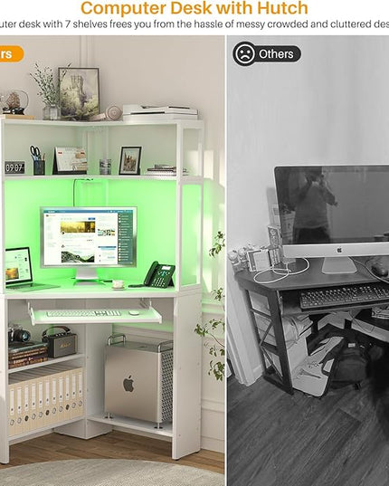 Cyclysio Small Corner Desk with Hutch, Heavy Duty Corner Computer Desk with Power Outlets & LED Light, Triangle Corner Gaming Desk with Keyboard Tray for Home Office, Small Space, Workstation White - LeafyLoom