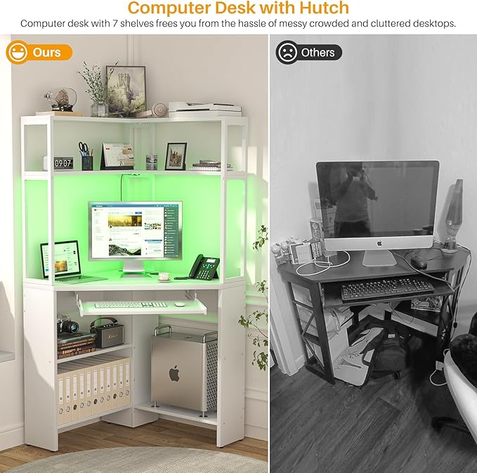 Cyclysio Small Corner Desk with Hutch, Heavy Duty Corner Computer Desk with Power Outlets & LED Light, Triangle Corner Gaming Desk with Keyboard Tray for Home Office, Small Space, Workstation White - LeafyLoom